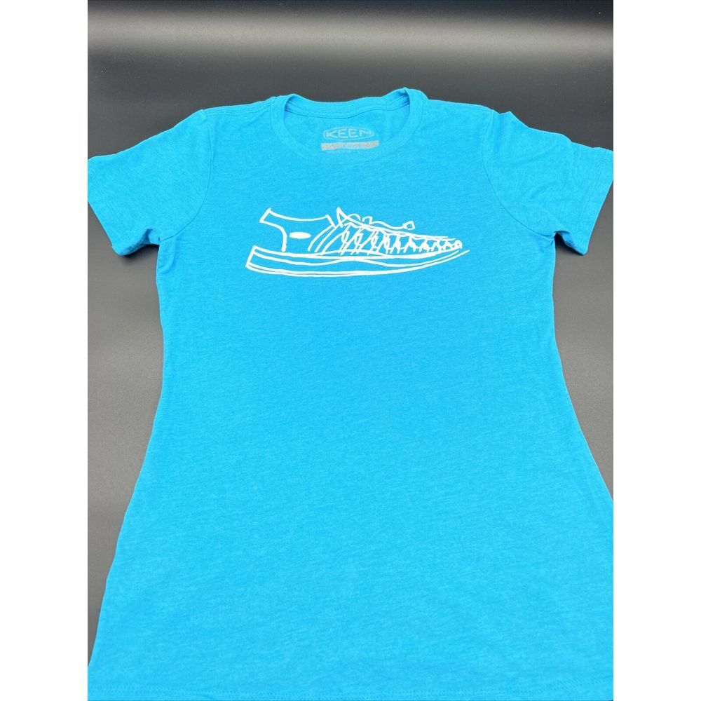 Keen Shoes Women's Graphic T-Shirt Teal White Size‎ Large. Has Small Spots